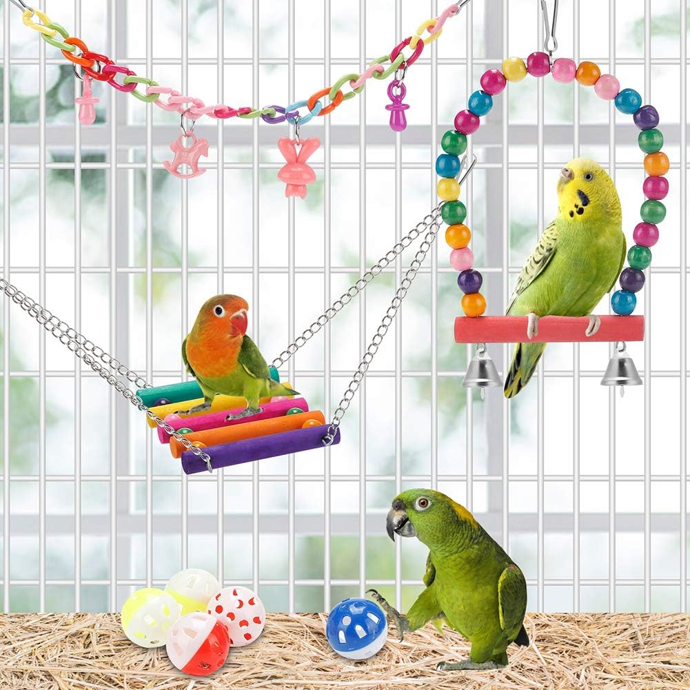 Swing Hanging Standing Chewing Toy Hammock Climbing Ladder, Cage Colorful Toys Suitable for Budgerigar, Parakeet, Conure, Cockatiel, Mynah, Love Birds, Finches