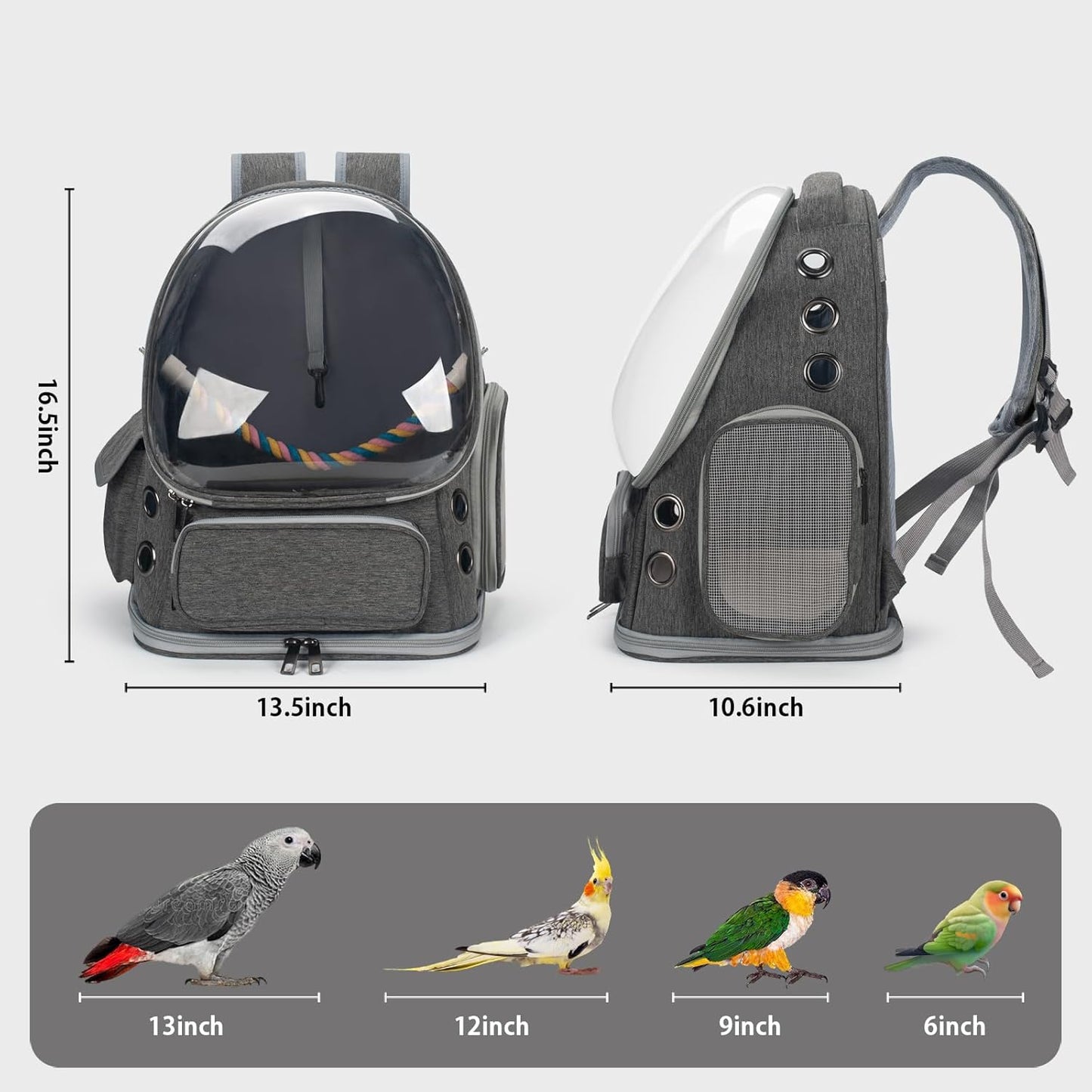 Bird Backpack Carrier Travel Cage with Perch, Tray and Breathable Clear Window, Bird Travel Cage for Cockatiel Caique Conure Quaker, for Vetting Camping Hiking (Grey)
