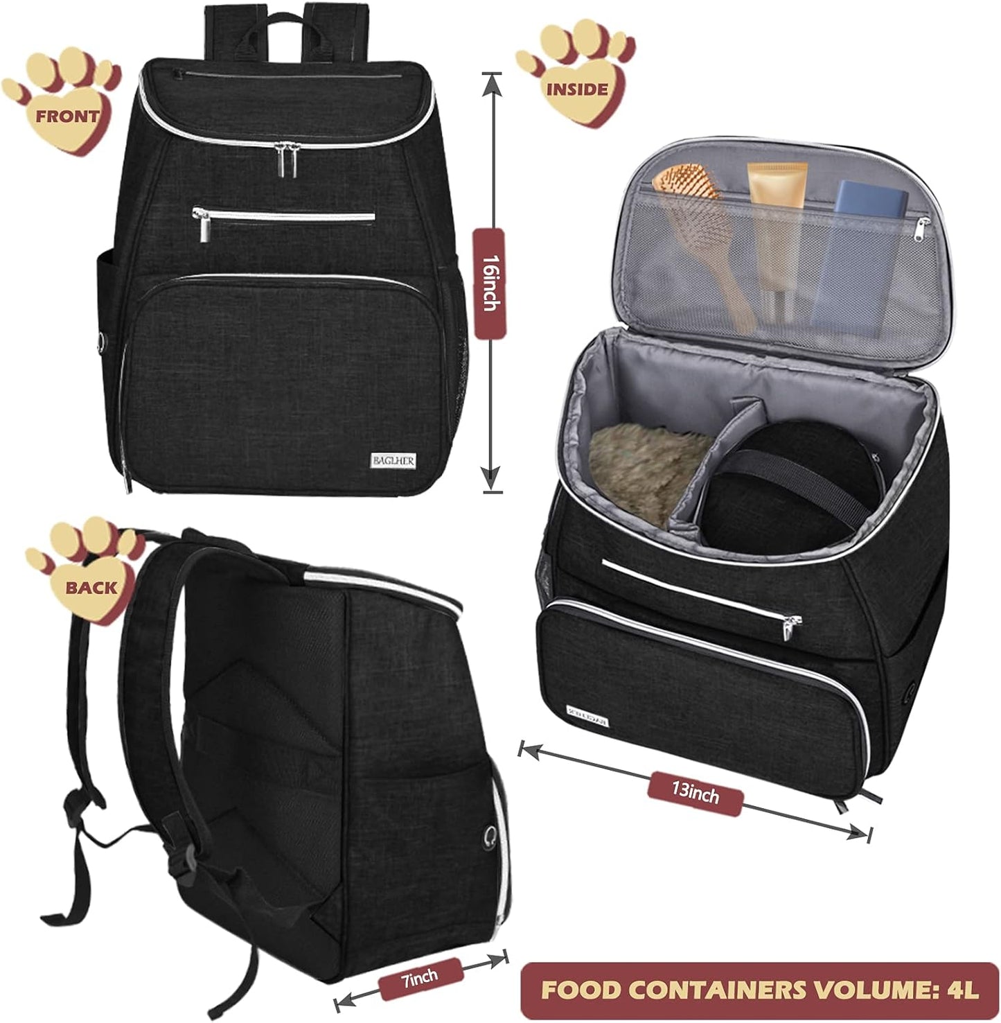 BAGLHER丨Dog Travel Bag Backpack, Airline Approved Pet Supplies Backpack, Dog Travel Backpack with 2 Silicone Collapsible Bowls and 2 Food Baskets. Black