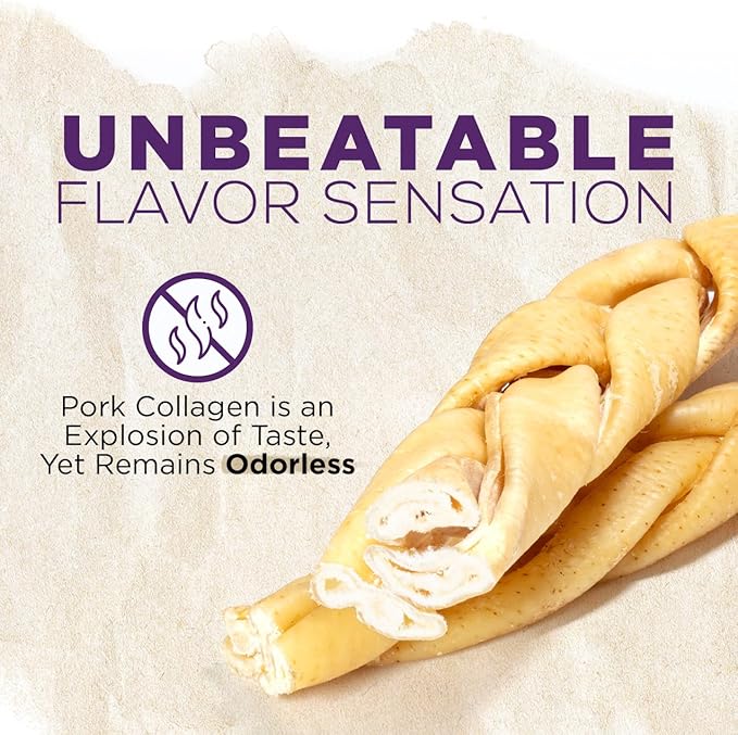 Natural Farm Braided Pork Collagen Dog Chews (10 Pack), Flavorful Braided Pork Collagen Sticks, Natural Dog Chews, Long Lasting, for Small, Medium, and Large Dogs, Odor-Free Rawhide Alternative