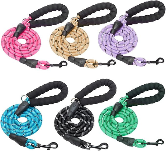 BEAUTYZOO Heavy Duty Rope Dog Leash 6 Pack, 6FT Nylon Pet Leash with Reflective Thread, Soft Padded Handle Thick Lead Leash for Large Medium Dogs Small Puppy,3/8inch X 5 FT (18~120 lbs)