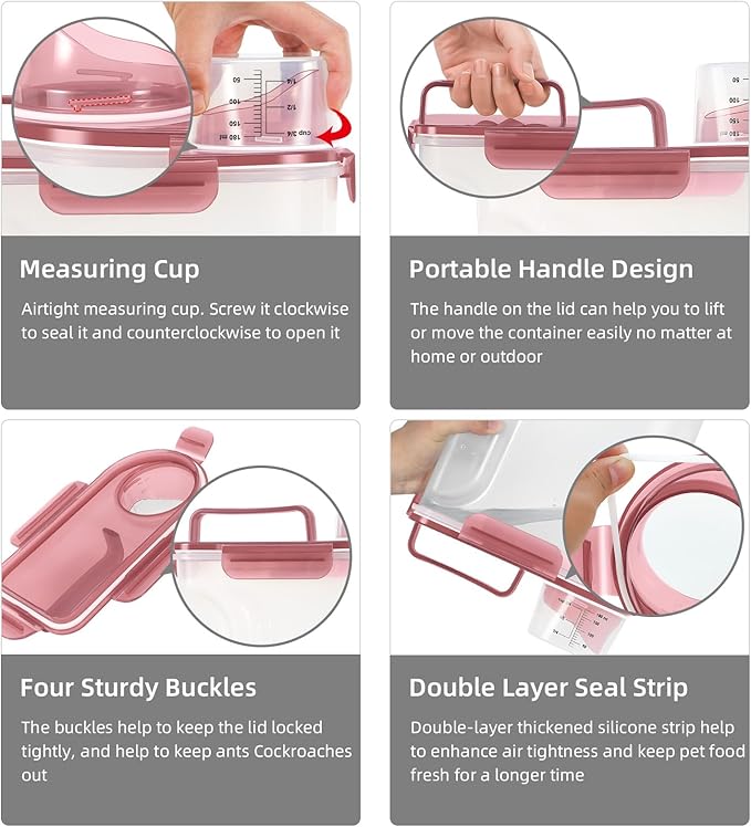 5-7Lbs Cat Dog Storage Container, Portable Pet Food Containers with Upgraded Large Spout and Cup, Small Animal Kibble Dispenser for Bird Seed, Oatmeal, Rice, Flour (2, Claer(Pink+Grey), 5L)