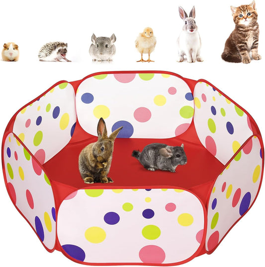Pawaboo Small Animals Playpen, Waterproof Small Pet Cage Tent with Strong Steel Wire Frame, Portable Outdoor Yard Fence for Chick/Kitten/Puppy/Guinea Pig/Rabbits/Hamster/Chinchillas, Red + Polka Dots
