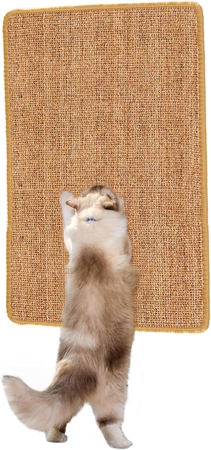 Cat Scratcher Mat with Sticky Tapes, 23.6" x 15.7" Sisal Cat Scratching Carpet for Indoor Cats, Horizontal Cat Scratcher for Cat House, Scratching Posts, and Couch Protection(Camel)