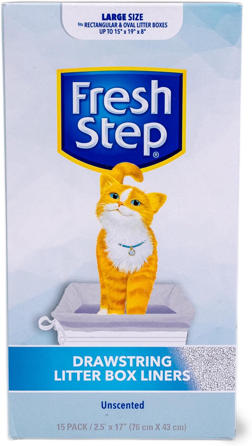 Fresh Step Drawstring Cat Litter Box Liners, Unscented - Kitty Litter Bags for Rectangle or Oval Large Litterboxes, Size Large, 30" x 17" - 15 Count