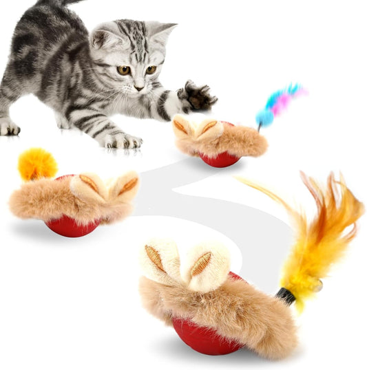 Cat Interactive Ball Toy with Feather, The Upgrade Agile Moving Cats Ball, Touching Automatic Moving for Bored Indoor Adult, 3-in-1 Pet Toy for Indoor