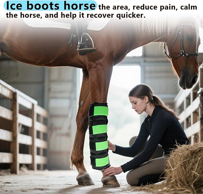 WORLD-BIO Horse Ice Boots Set of 2 /Horse Ice Pack for Injuries, Therapy Full Leg Ice Boot Cold Pack with Flexible Straps for Hock, Ankle, Knee, Legs and Hooves, 16.9'' x 16.1'' Green