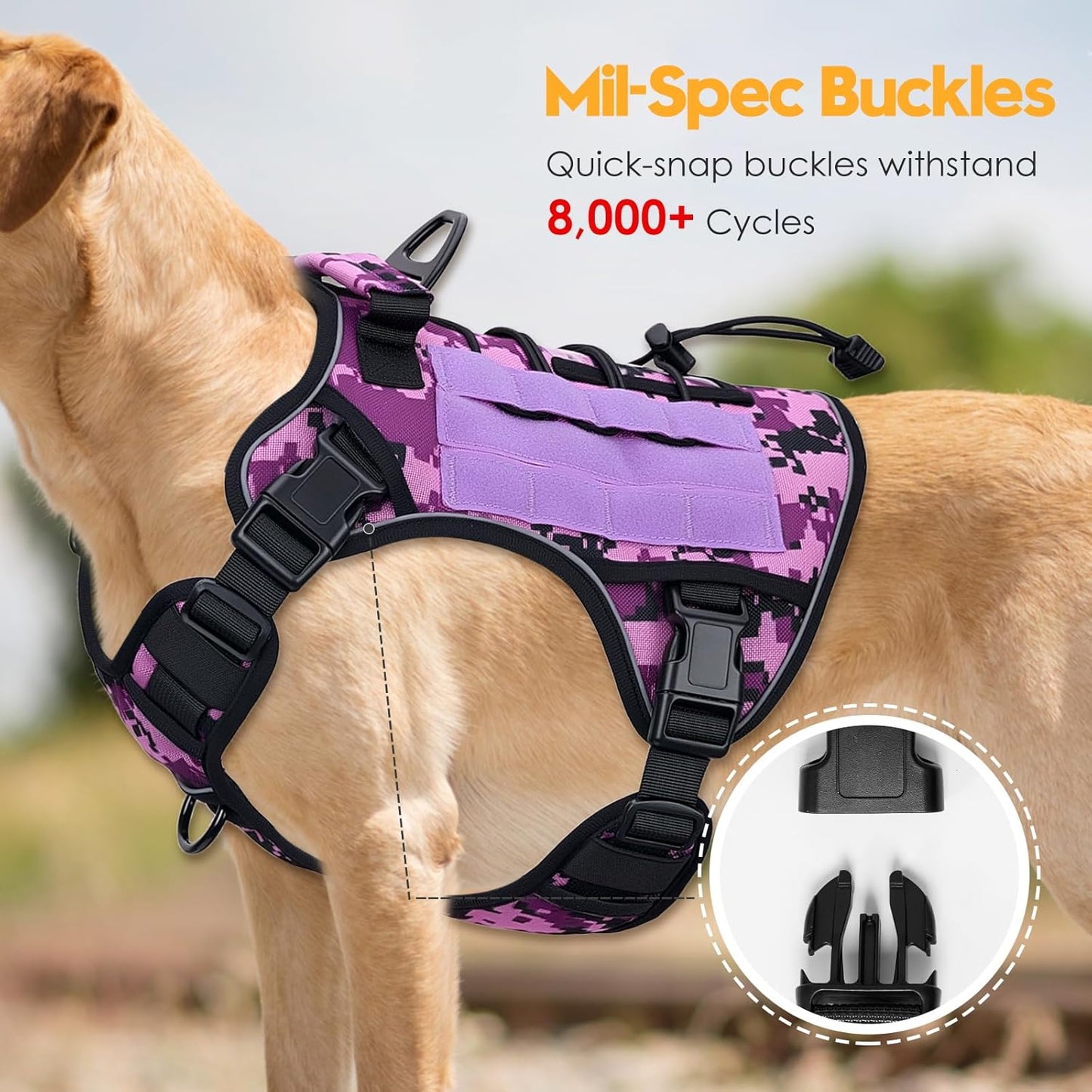 Heavy-Duty Tactical Dog Harness for Large Dogs, No Pull Adjustable Reflective Pet Vest with Molle System, K9 Military-Grade Control for Service Training, Outdoor & 10+ Breeds, Purple Camo, Large