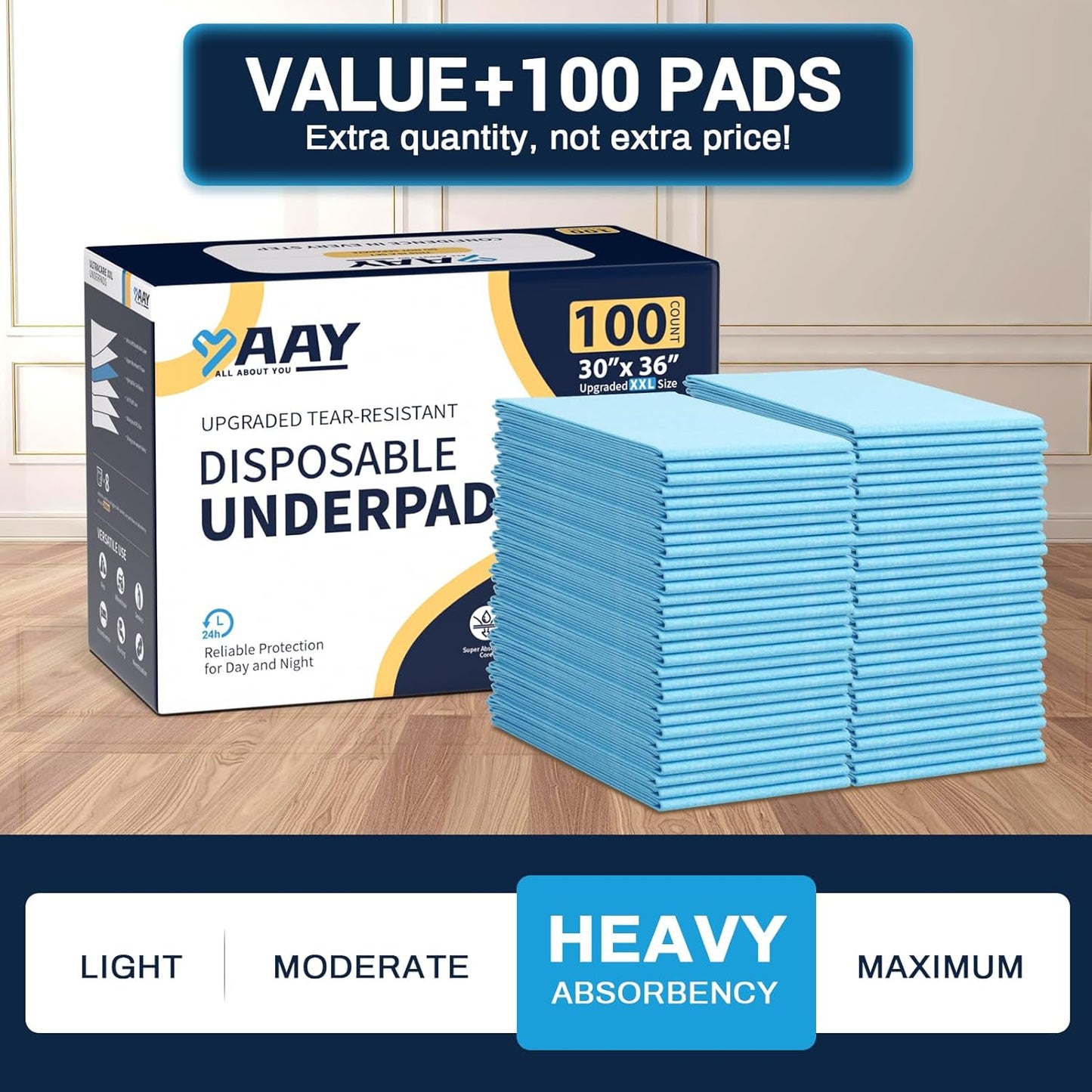 AAY Disposable Bed Pads 30"X36" (100pcs) Tear-Resistant Cloth Backing Underpads Super Absorbent Pee Pads Extra Large Premium Chucks for Adults Incontinence Pads Waterproof for Elderly, Kids or Puppy