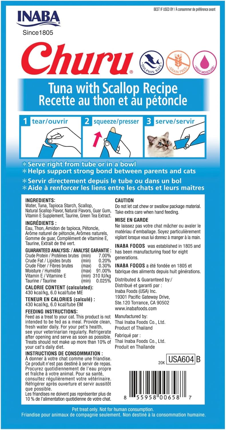 INABA Churu Cat Treats, Grain-Free, Lickable, Squeezable Creamy Purée Cat Treat/Topper with Vitamin E & Taurine, 0.5 Ounces Each Tube, 24 Tubes (4 per Pack), Tuna with Scallop Recipe