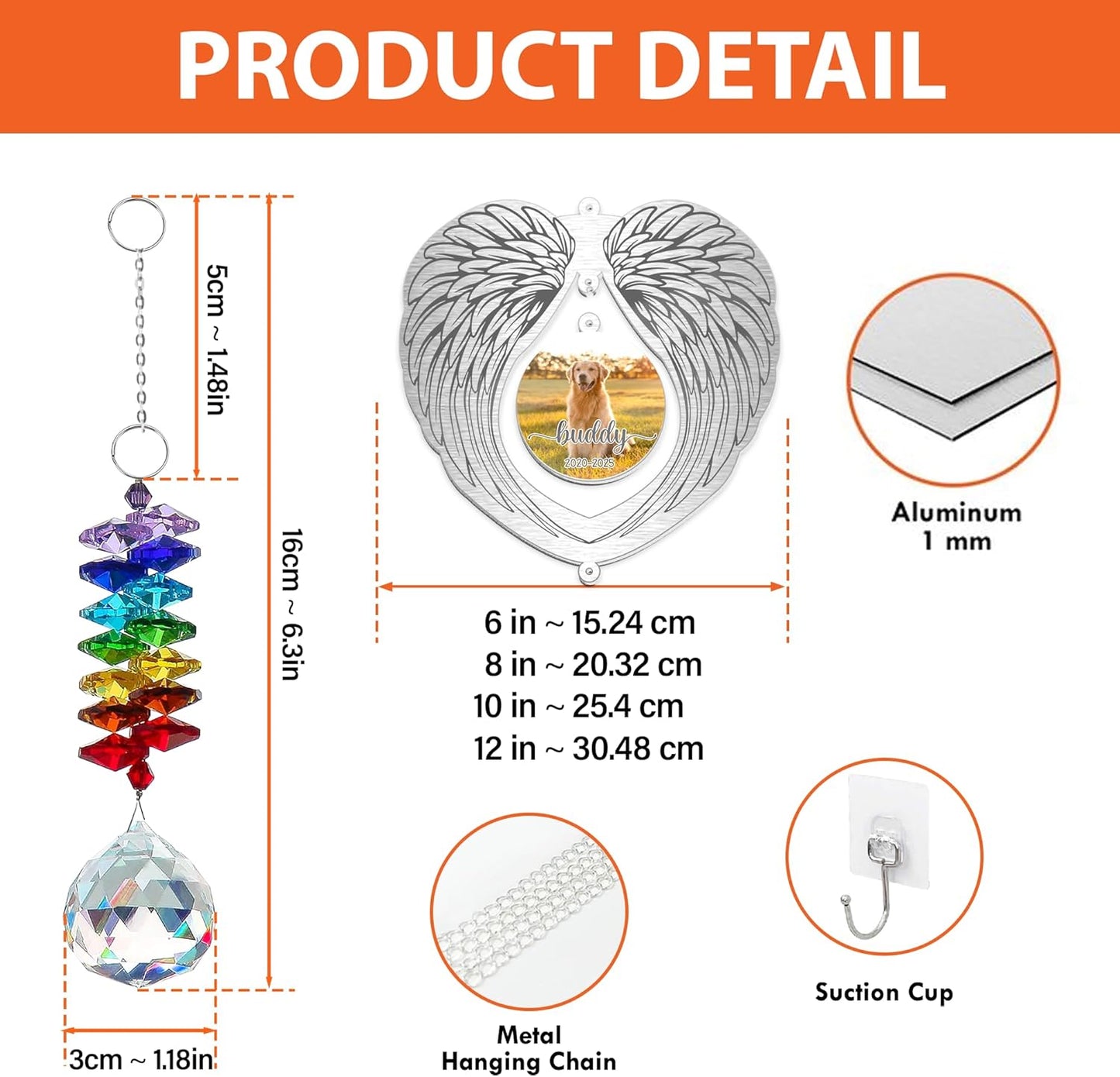 Personalized Dog Memorial Suncatcher, Pet Loss Ornament for Dog Owner - Angel Wings Frame with Custom Photo & Years - Rainbow Crystal Remembrance Gift for Christmas