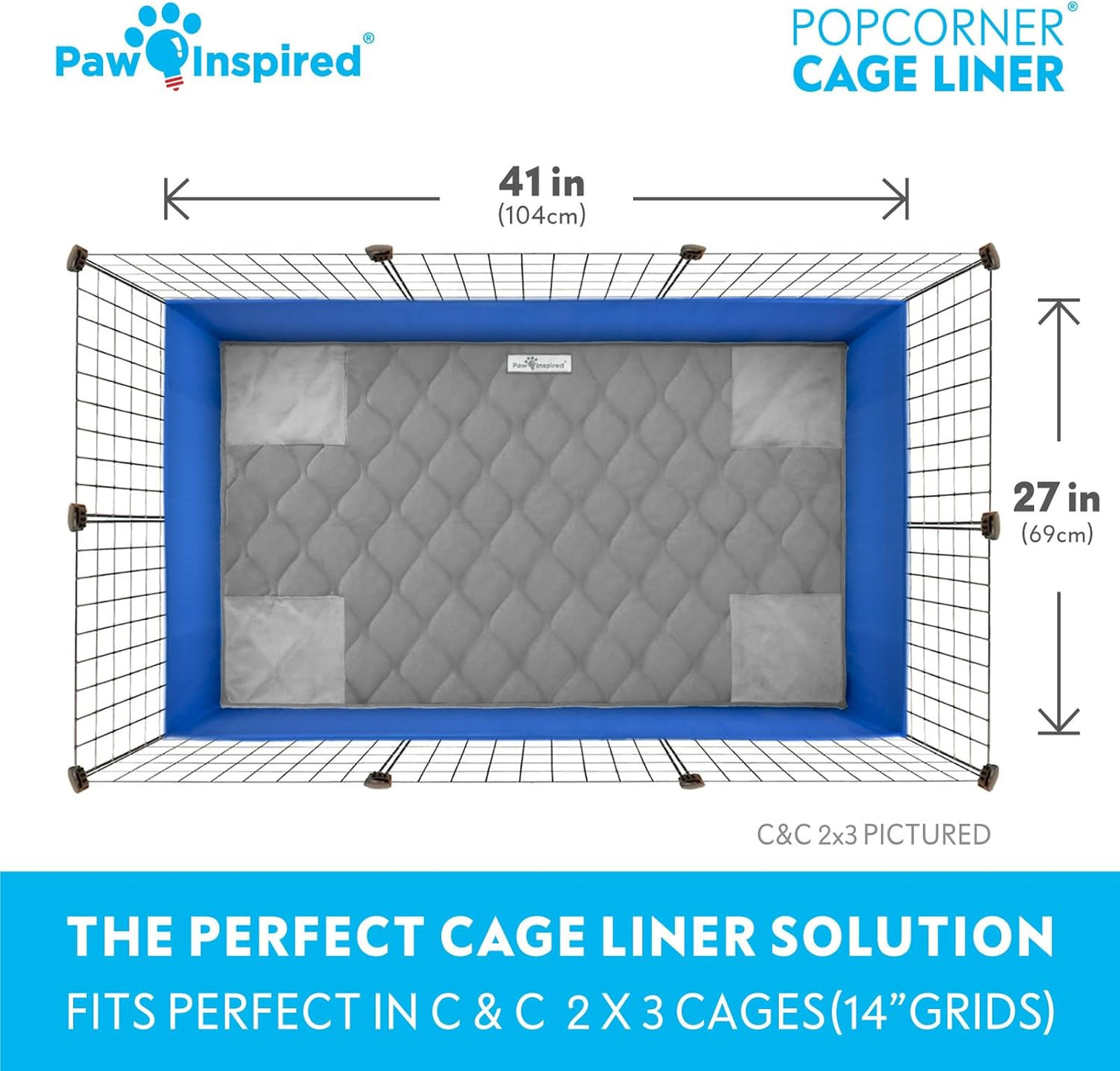 Paw Inspired PopCorner Guinea Pig Cage Liners | Washable Fleece Bedding or Pet Bed Mat for Small Animals | Super Absorbent Pee Pad with Reinforced Corners and Waterproof Bottom (C&C 2x3, Gray)