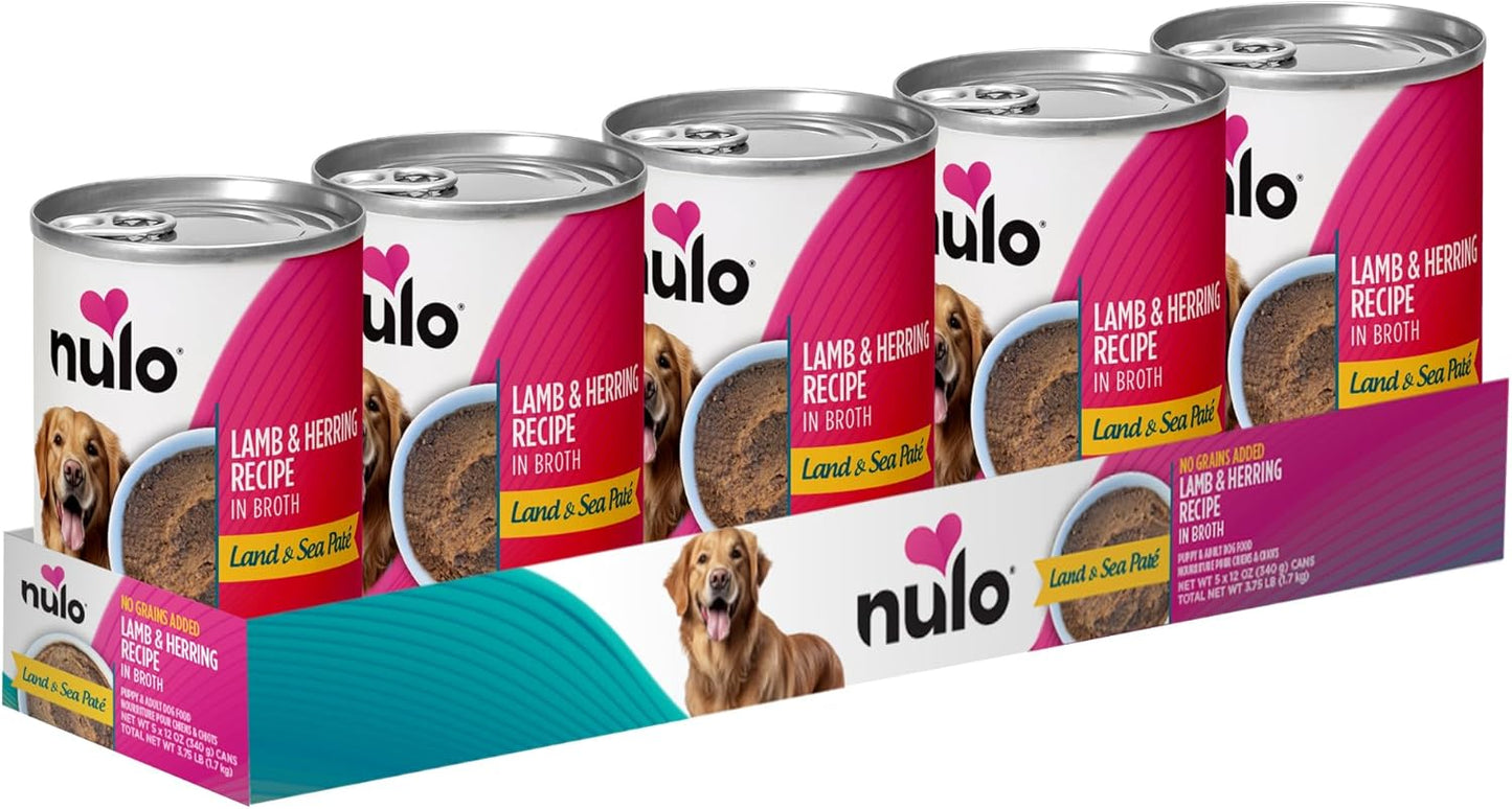 Nulo Land & Sea for Adult Dogs & Puppies Lamb & Herring Recipe in Broth 12 Ounce Cans, Pack of 5