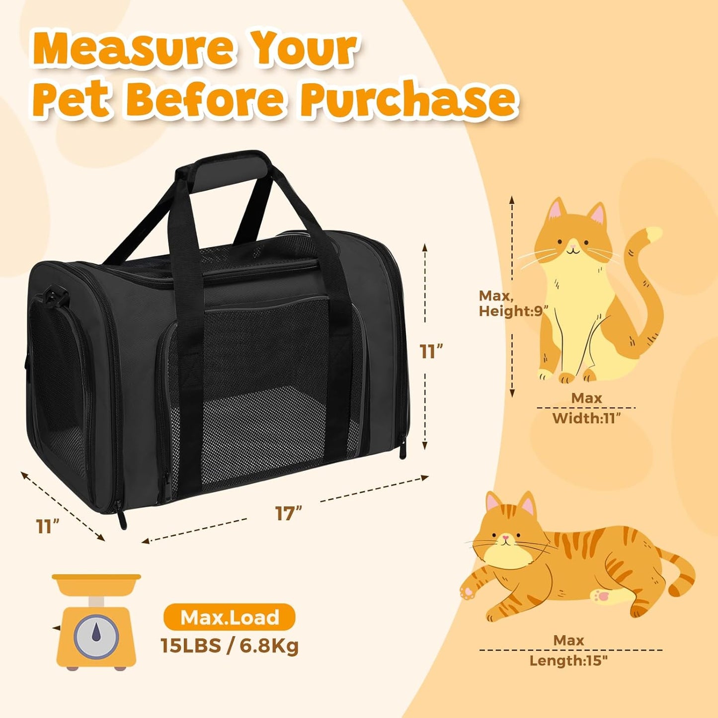 Airline Approved Pet Carrier for Cats & Small Dogs – Soft Sided Travel Bag 17"x11"x11", Portable Collapsible Under Seat Pet Carrier with Mesh Windows & Shoulder Strap, Black