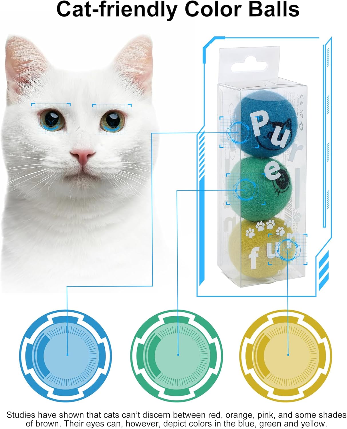 Cat Ball Toys – Soft, Quiet Wool Balls for Indoor Cats, Handmade, Pure Natural, Safe, Cat-Friendly Colors, 1.6 Inch Interactive Toy for Kittens, 3 Pack