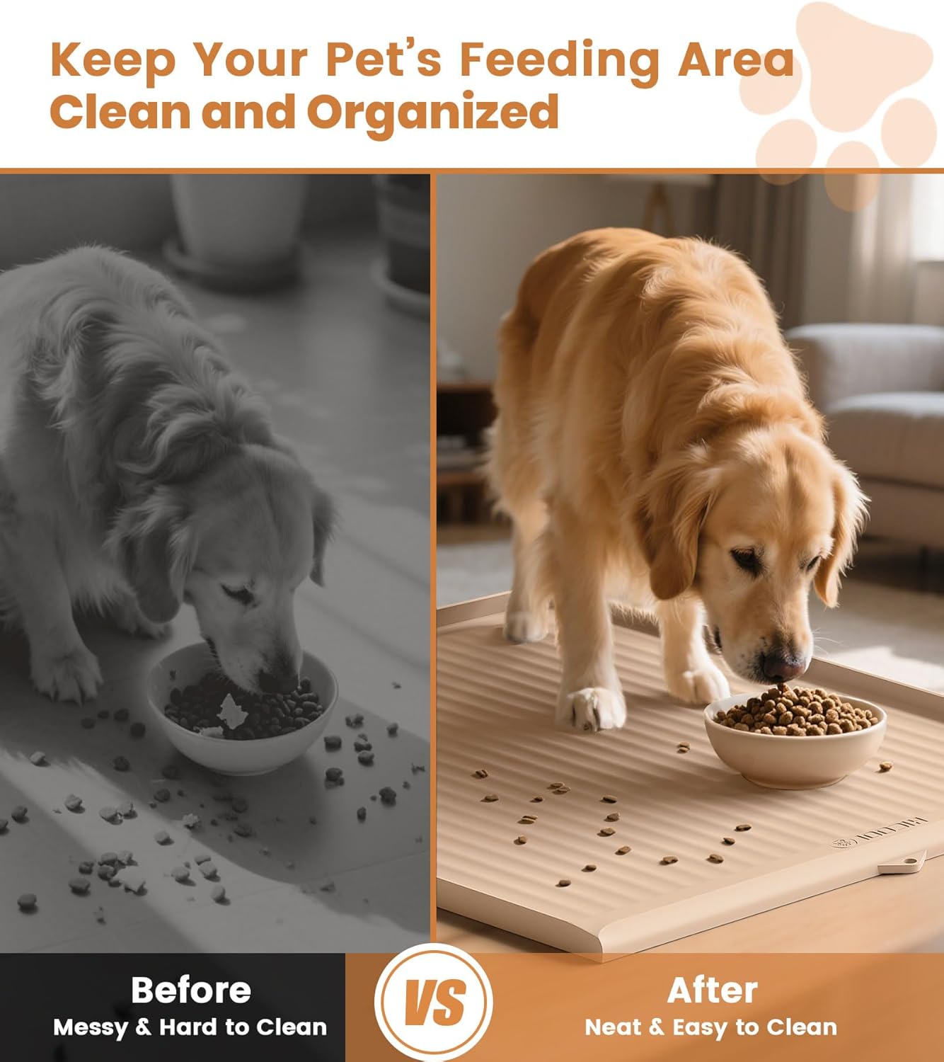 Dog Food Mat 36"x24", Waterproof Pet Feeding Mat with Diversion Grooves and Raised Edges, Large Non-Slip Dog Bowl Mat for Food and Water, Cat Food Mat for Floors, Easy to Clean, Khaki