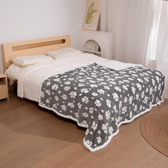 Waterproof Blanket for Dog Cat or Adult, Cute 3D Textured Paw Dog Blanket for Bed Couch Sofa, Soft Liquid Pee Proof Pet Furniture Protector, 60"x80", Grey