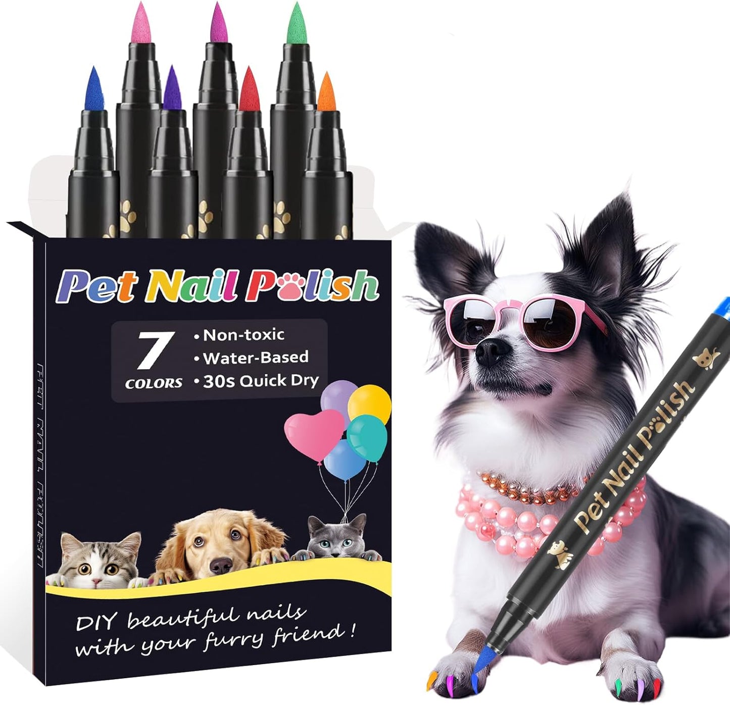 Dog Nail Polish Pens Quick Dry,7 Colors Safe Dog Nail Polish Set to DIY Pretty Nails, Ideal Gifts for Dogs Cats Light Dark Nails, Odorless, Non-Toxic, Water-Based Pet Nail Accessories Set