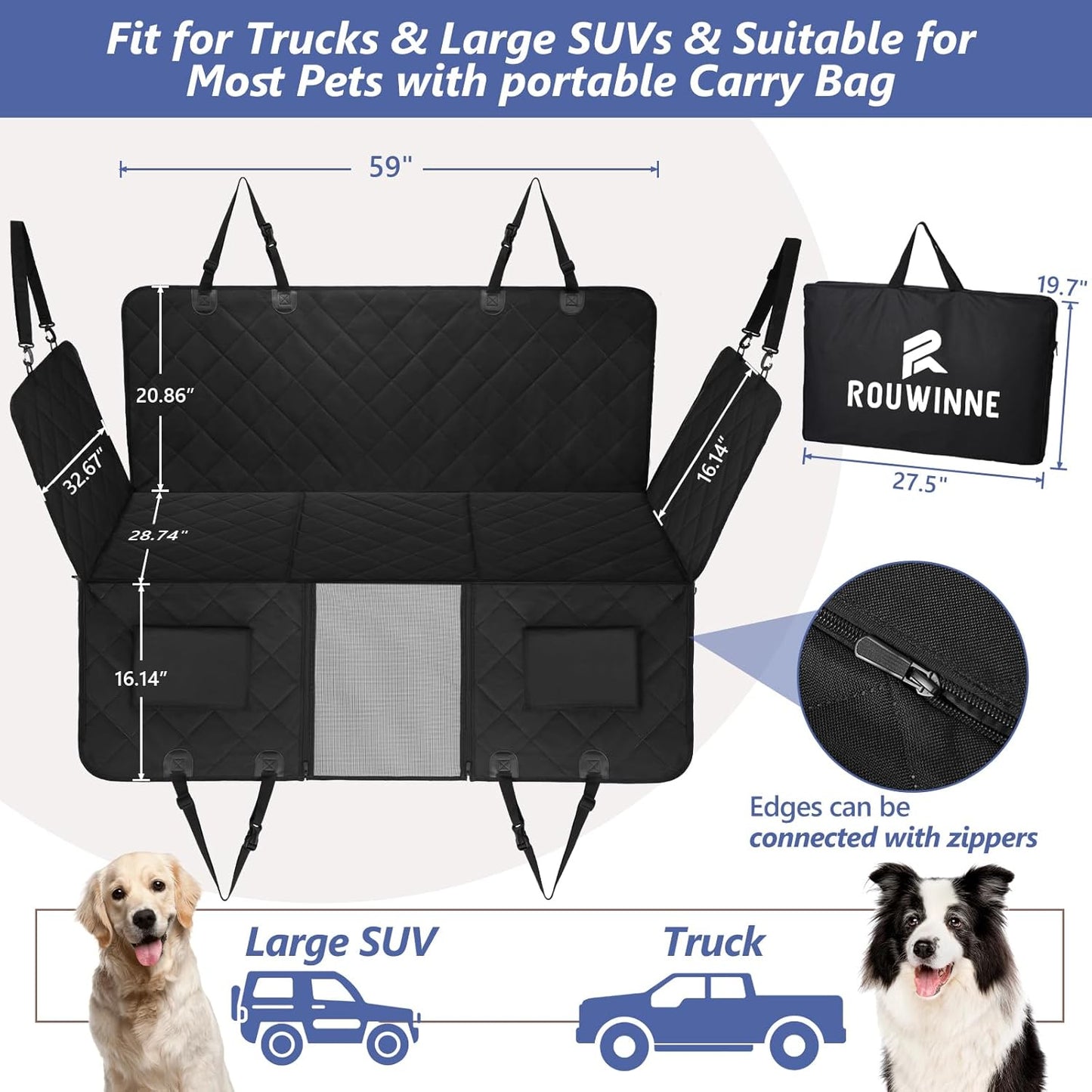 Back Seat Extender for Dogs Truck-Large Space, Dog Pet Seat Cover Back Seat Hard Bottom Holds 400lbs, Waterproof Dog Hammock for Crew Cab Trucks F150, RAM1500, Sierra, Tundra, Silverado
