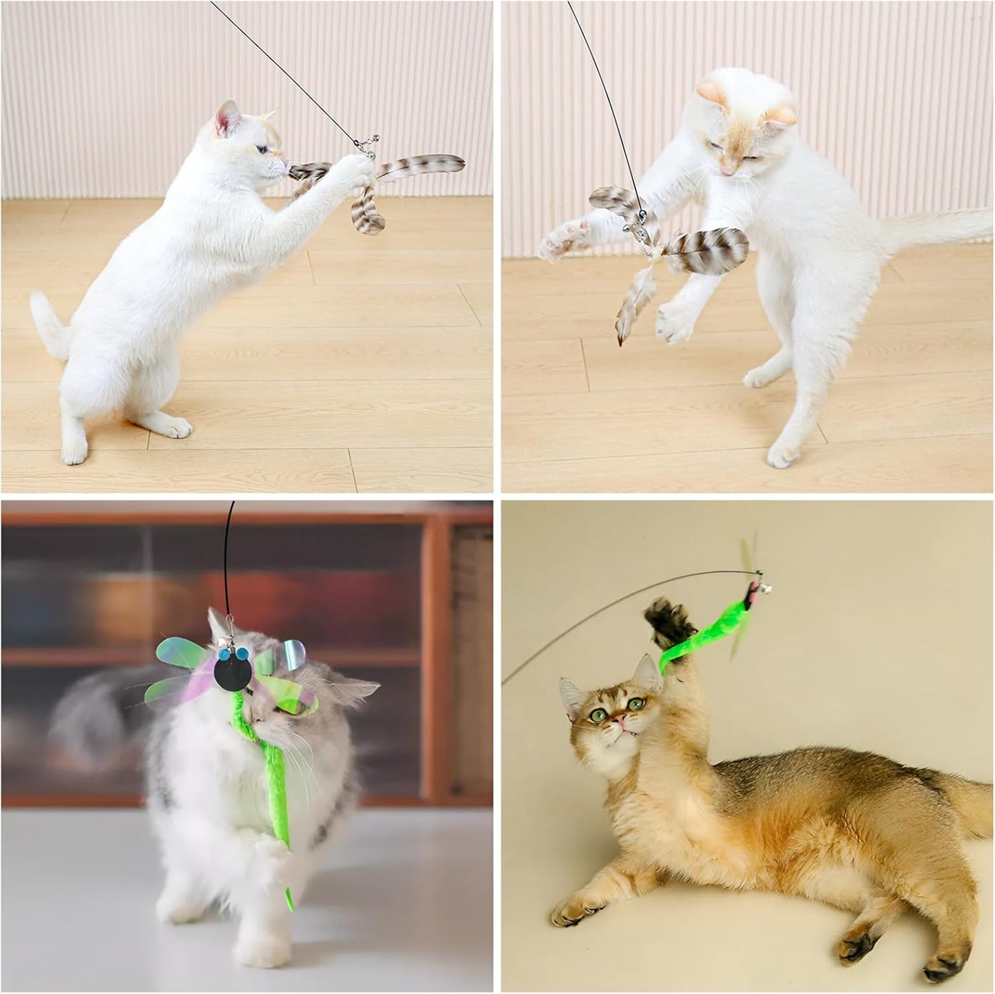 Kingtree Cat Teaser Wand Toys, Interactive Feather Cat Wand Toy with 5 Bell Feather Refills & 2Pcs 35'' Flexible Steel Wire Wood Handle Wands, Cat Feather Toys for Indoor Cats to Play Chase Exercise