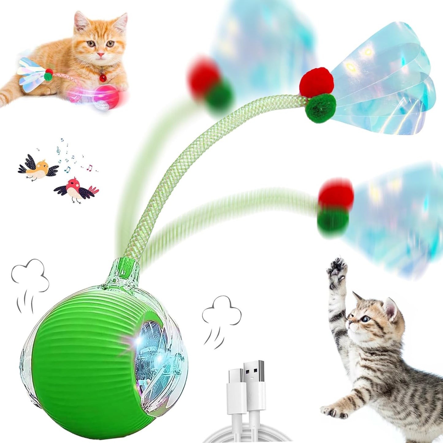 Interactive Cat Toys for Indoor Cats, Automatic Cat Toy with Elastic Mesh Tail, Electric Rolling Ball on Carpet, Chirping and Motion Activate Cat (Green)