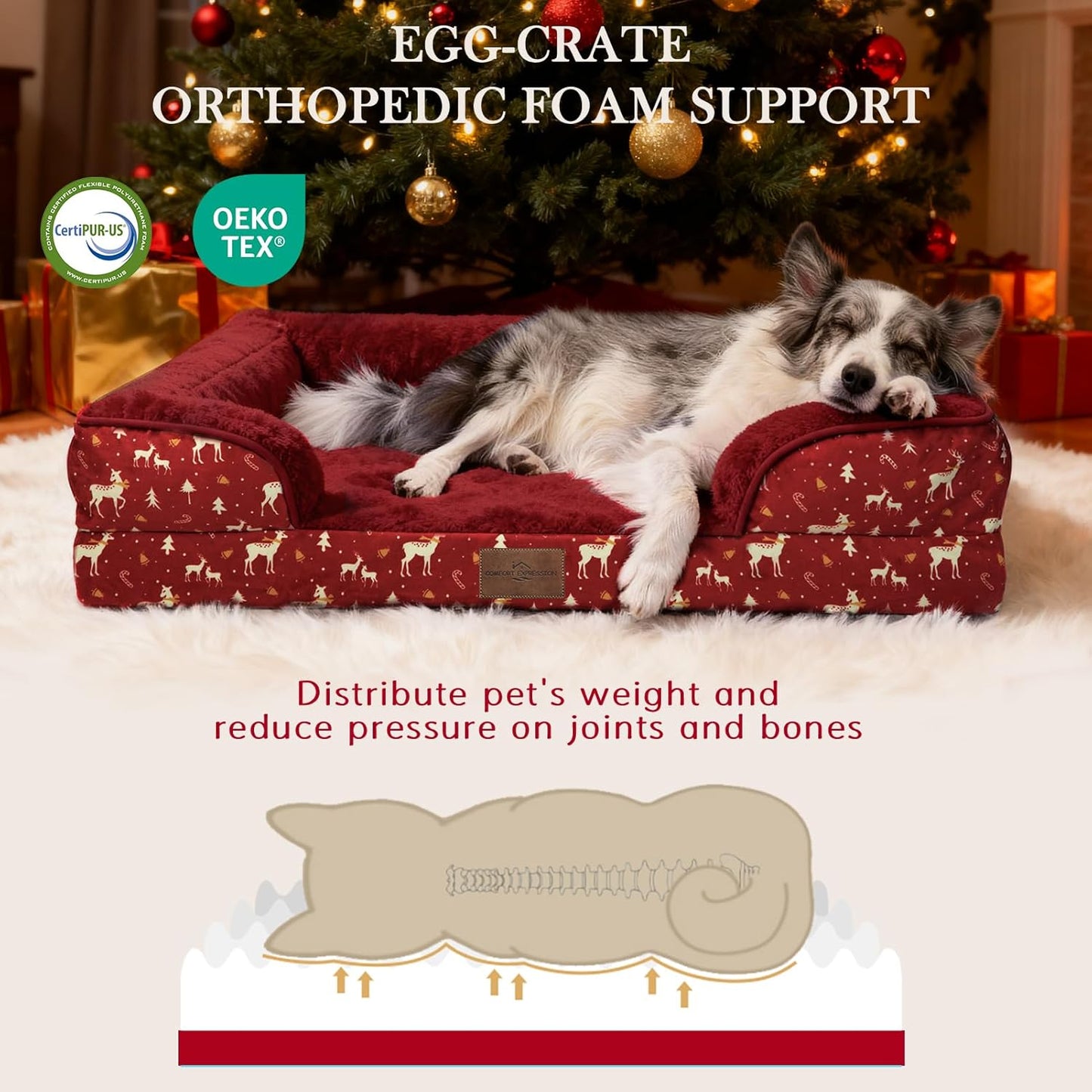 Comfort Expression Orthopedic Dog Bed for Extra Large Dogs 42x30 Inch, Waterproof Supportive Memory Foam XL Pet Bed with Removable Bolsters, Dog Couch with Washable Cover & Non-Slip Bottom, Red