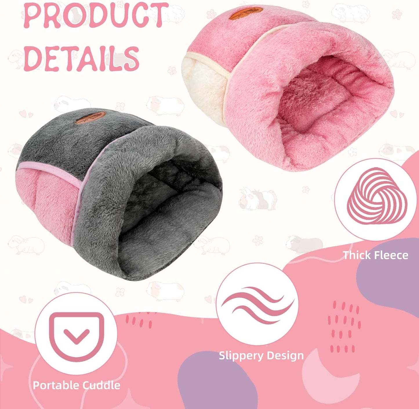 YUEPET 2 Pack Guinea Pig Hideout Portable Guinea Pig Pocket Bedding Cozy Cuddle Sack Snuggle Bag Bunny Bed for Small Animals Hamster Ferret Hedgehog Chinchilla Rabbit Cage Accessories (Grey+Pink)