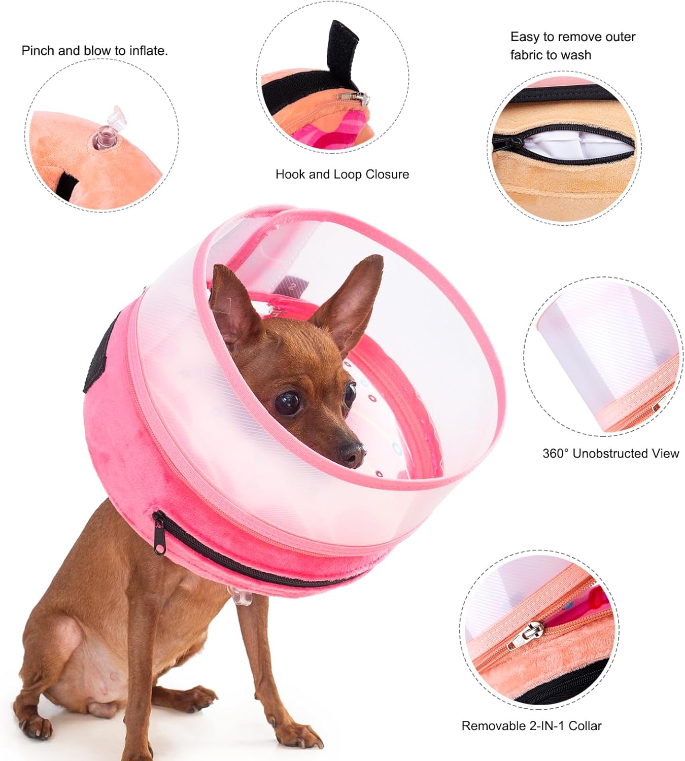 Inflatable Dog Cone Collar for Large Medium Small Dogs, Soft Dog Donut Collar Adjustable Recovery Cone for Pets After Surgery, Extra Enhanced Anti-Licking Guard Shield (Pink Donut, Small)