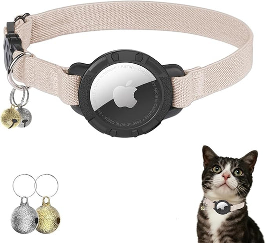 AirTag Cat Collars, Stretchy Collar with Apple AirTag Holder and Bell, Breakaway Design Ultra Elastic GPS Tracking Collars for Cats and Puppies, (7.5-12.5 Inch), Khaki