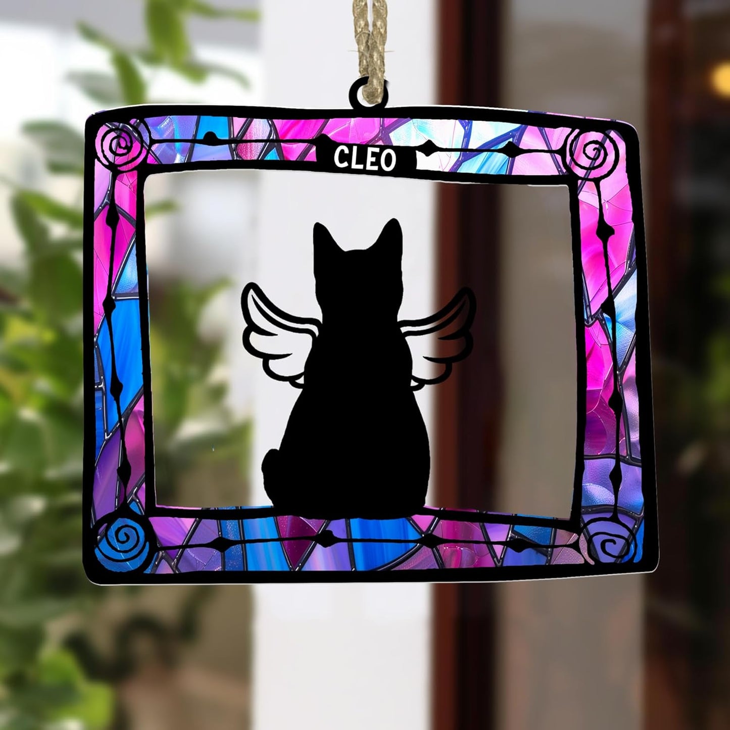Personalized Cat Memorial Suncatcher – Custom Pet Loss Ornament with Rainbow Stained Glass Frame and Angel Wings Silhouette – Cat Bereavement Gift for Window, Car Mirror, or Sympathy Display