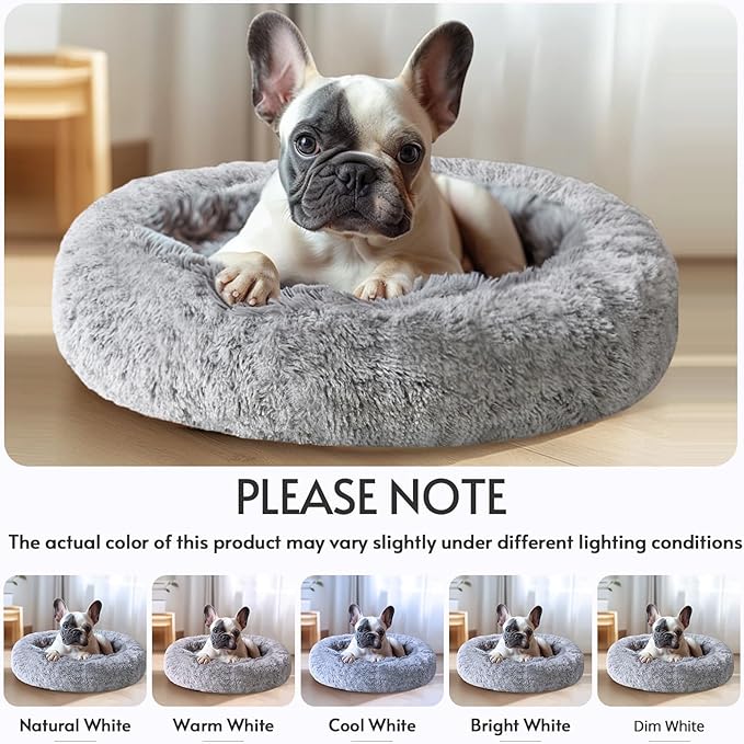 JOLLYVOGUE Large Calming Dog Bed, Anti-Anxiety Donut Cuddler Cat Bed with Anti-Slip Bottom, Fluffy Faux Fur Machine Washable Pet Cushion for Medium Large Dog & Cat, 36"/Smoke Gray