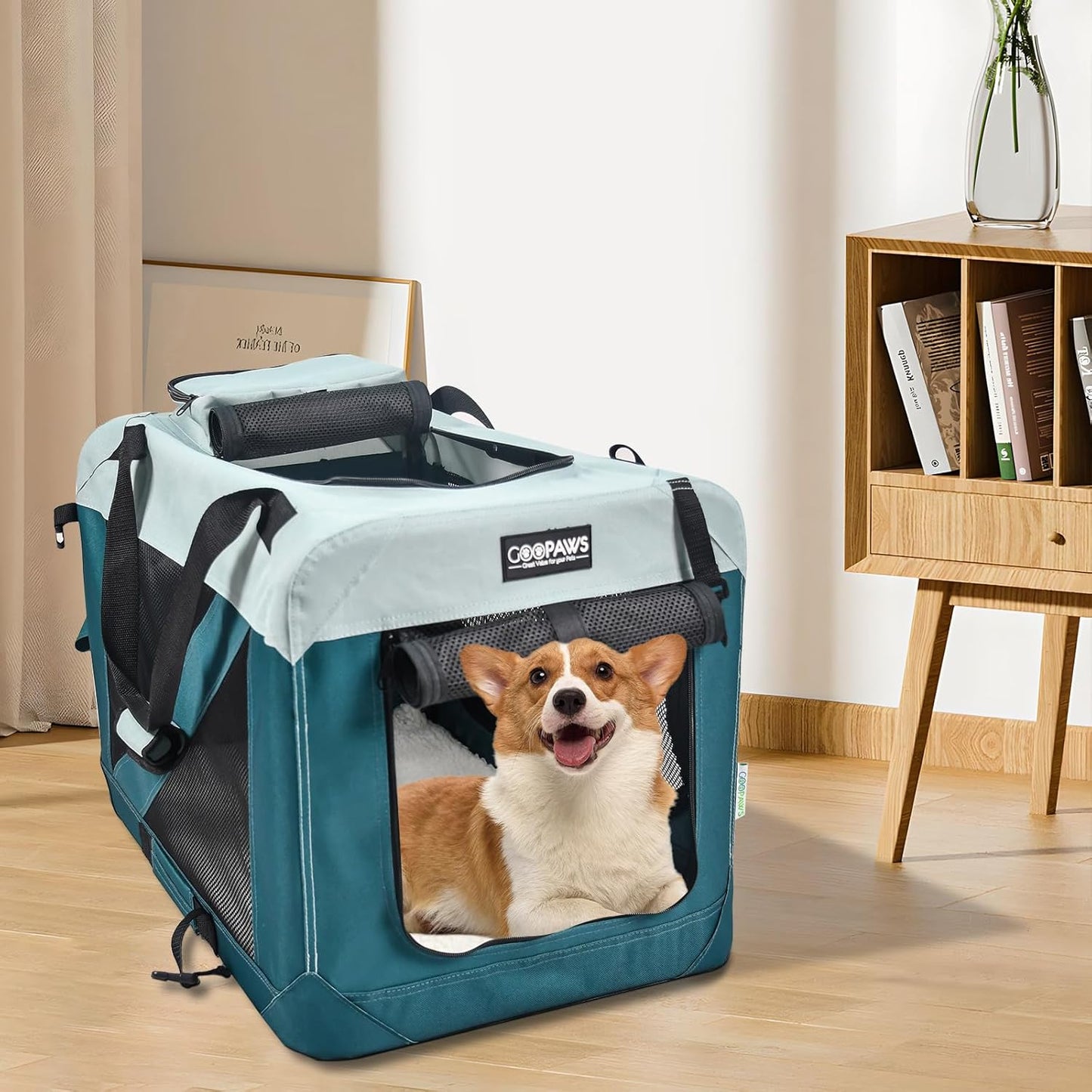 JESPET Soft Dog Crates Kennel for Pets, 3 Door Soft Sided Folding Travel Pet Carrier with Straps and Fleece Mat for Dogs, Cats, Shale Green, 36'' (8-Teal Blue, Large(30" L x 21" W x 23" H))