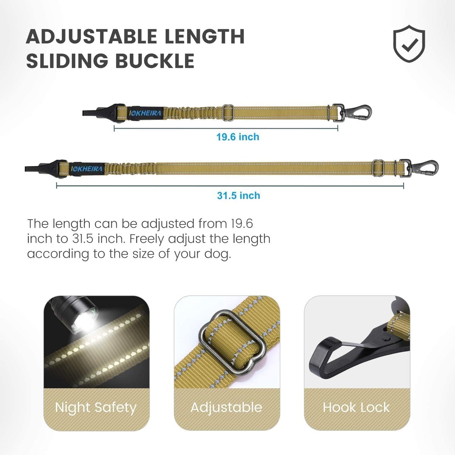 IOKHEIRA Dog Seat Belt 3-in-1 Car Harness for Pets Adjustable Safety Seatbelt Nylon Reflective Bungee Fabric Dog Car Harness with Clip Hook Latch & Buckle, Swivel Zinc Alloy Carabiner (Green)