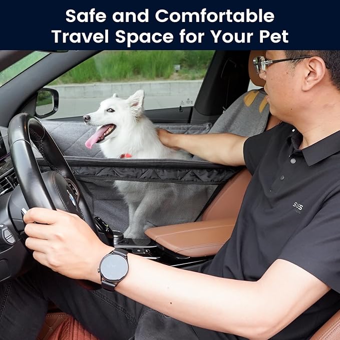 Front Seat Dog Car Seat for Small/Medium Dogs with Door Protection – Full Coverage Pet Booster Seat with Mesh Window, Zippered Side Flaps, Safety Buckle, Grey Linen Fabric