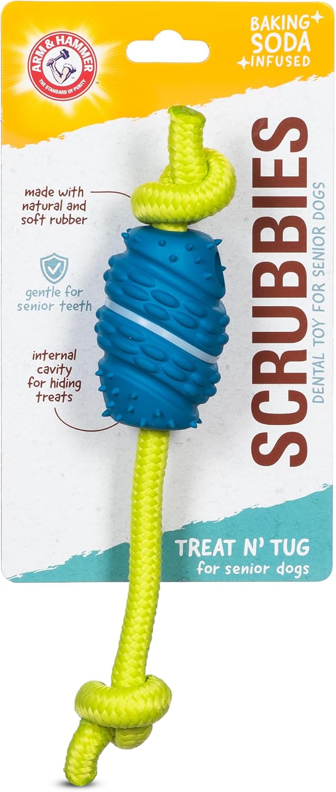 Arm & Hammer for Pets Scrubbies Senior Treat N' Tug Dental Chew Toy Infused with Baking Soda - Gentle Dog Toy for Senior Dogs - Interactive and Durable Chew Toy for Older Dogs