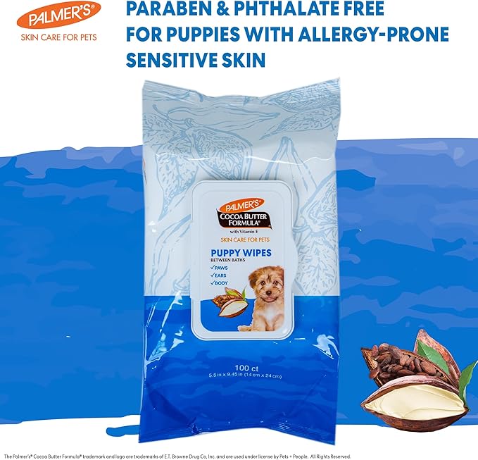Palmer's Coconut Oil Puppy Wipes for Between Baths - Cocoa Butter Grooming Wipe for Dogs - Paraben & Phthalate Free Bath Towlettes, 100 Count