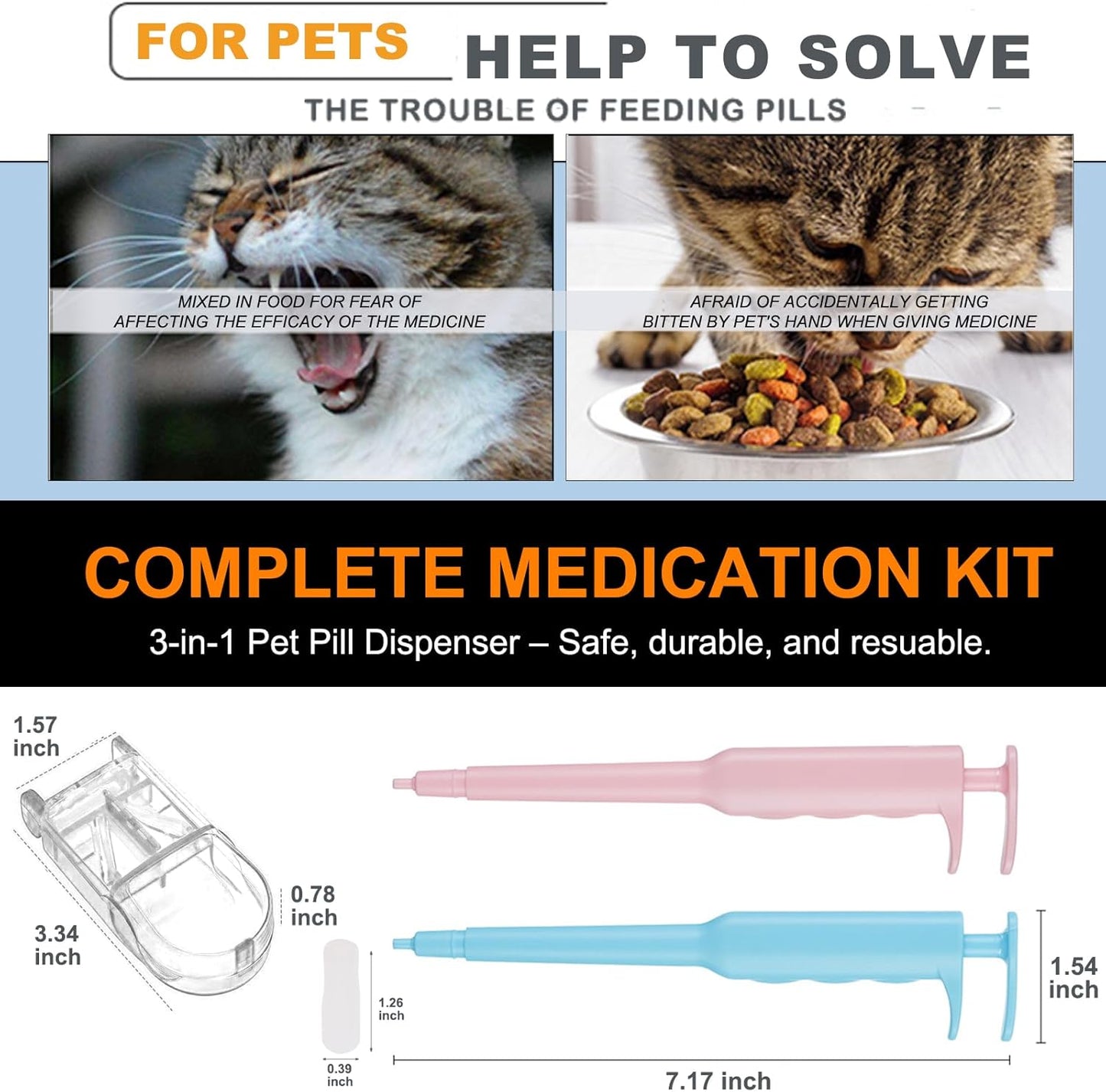 Cat Pill Shooter 3-in-1 Kit, Pet Piller Gun Dog Pill Shooter Cat Tablet Soft Tip Syringe and Medical Feeding Liquid Dispenser Tool for Small Animal