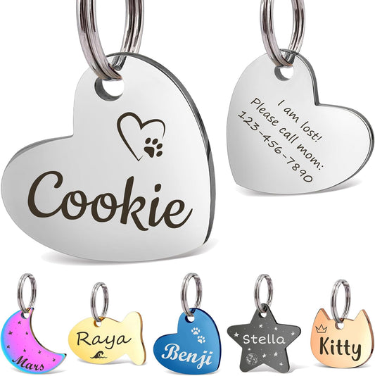 Anavia Small Size Dog Cat ID Tags, Small/XS Personalized Color Plated Stainless Steel Puppy Kitten Name Tags, Customized Engraved Nameplate Pet Collar Tag (Silver, Heart)
