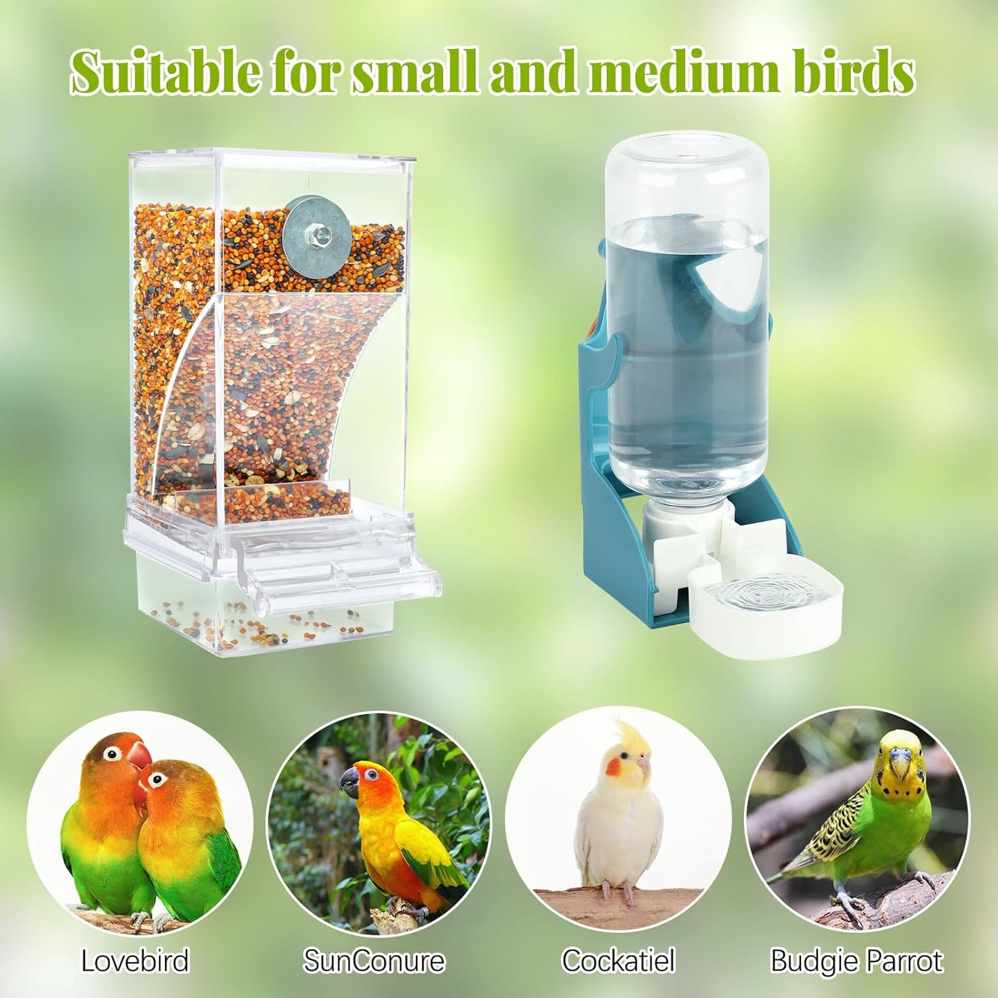 Rypet No Mess Bird Water Feeder Dispenser Set Automatic Bird Feeder Transparent Food Container Cage Acrylic Parrot Feeders Accessories for Small Birds Parrot Cockatoo Canary