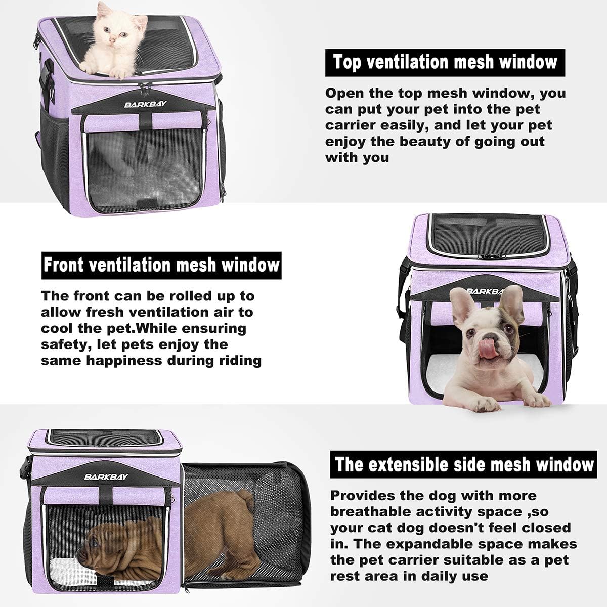BARKBAY Dog Bike Basket Carrier, Expandable Foldable Soft-Sided Dog Carrier, 2 Open Doors, 5 Reflective Tapes, Pet Travel Bag,Dog Backpack Carrier Safe and Easy for Small Medium Cats and Dogs(Purple)