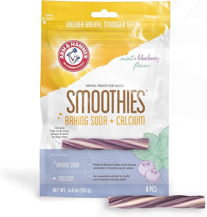 Arm & Hammer for Pets Smoothies Dental Treats for Dogs with Baking Soda and Calcium, Treat Chews Help Fight Bad Breath, Plaque & Tartar Without Brushing, Mint Blueberry, 8 Pcs (Packaging May Vary)