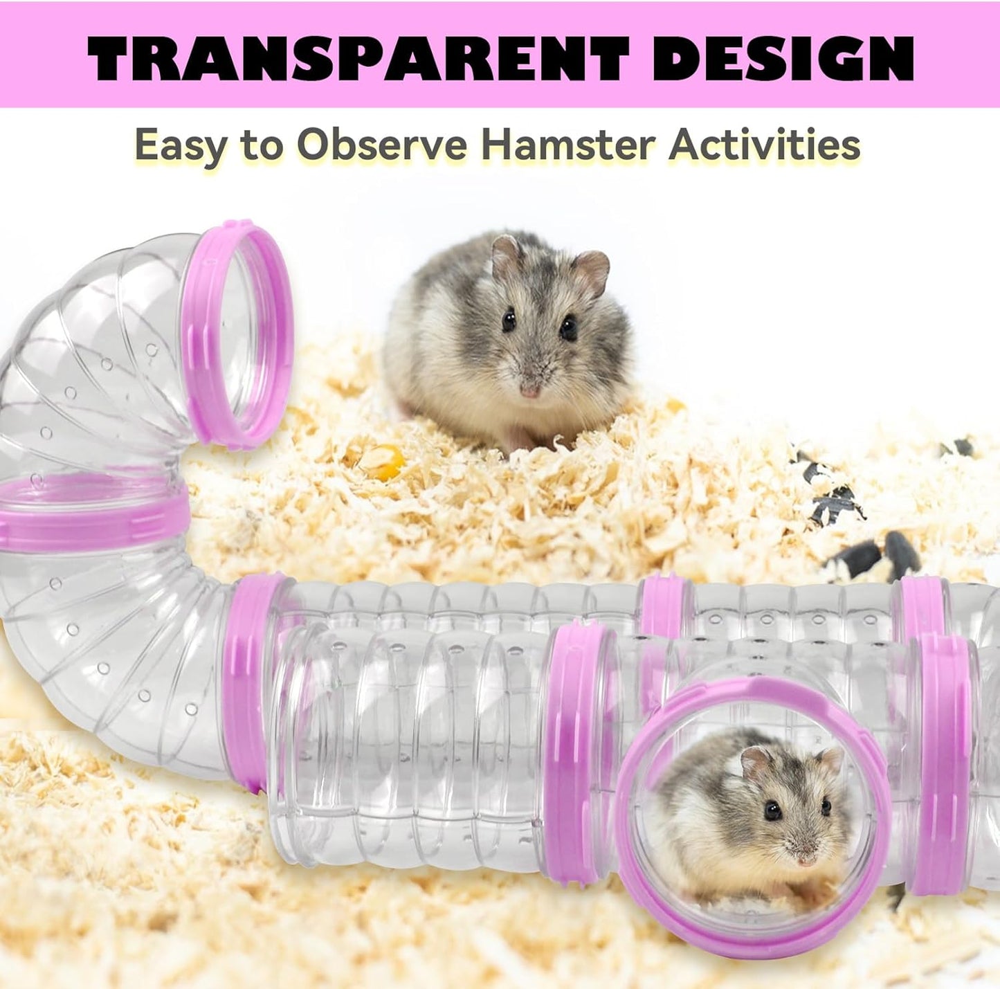 Dwarf Hamster Tubes and Tunnels Set,Mouse DIY Toy Transparent Tube Pet Cage Connection Tunnel Kit Syrian Hamster External Accessories Adventure Pipe for Mice Rat(Pink)