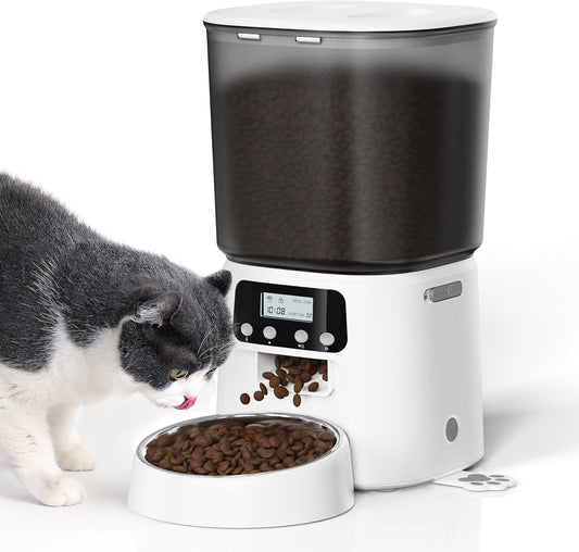Automatic Cat Feeder, 4L Timed Dry Food Dispenser with Stainless Steel Bowl, Pet Food Feeder for Cats & Small Dogs, Programmable for 6 Meals & 30 Portions Per Day, 10S Voice Record, Dual Power, White