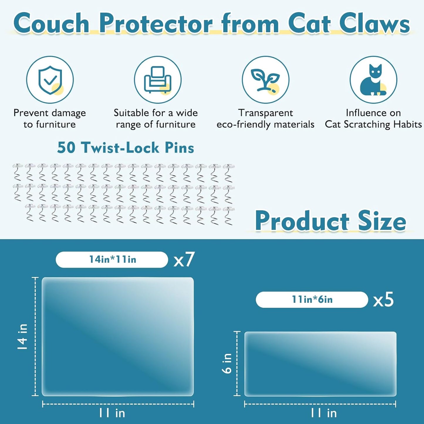 No Glue Marks - Finokeil Cat Scratch Furniture Protector, Couch Protector from Cat Claws, Eco-Friendly Furniture Protectors from Cats Scratching, Correcting Pet Scratching Habits(12-Pack+50 Pins)