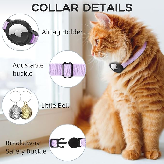 AirTag Cat Collars, Stretchy Collar with Apple AirTag Holder and Bell, Breakaway Ultra Design Elastic GPS Tracking Collars for Cats and Puppies, (7.5-12.5 Inch), Purple