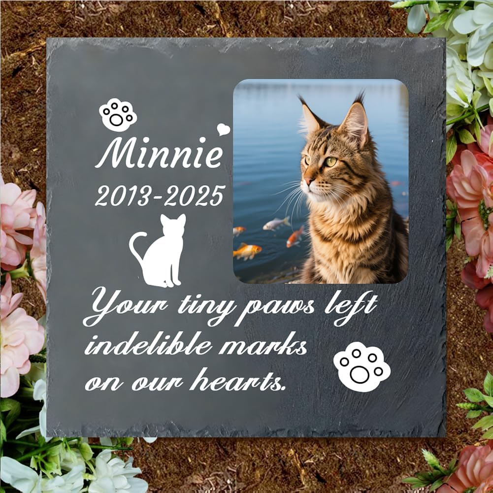 Custom Pet Memorial Stone - Personalized Cat Grave Marker with Name & Photo - Sympathy Gifts for Loss of Beloved Pet - Cemetery Decor - Rainbow Bridge Memorial for Cats (Style H)