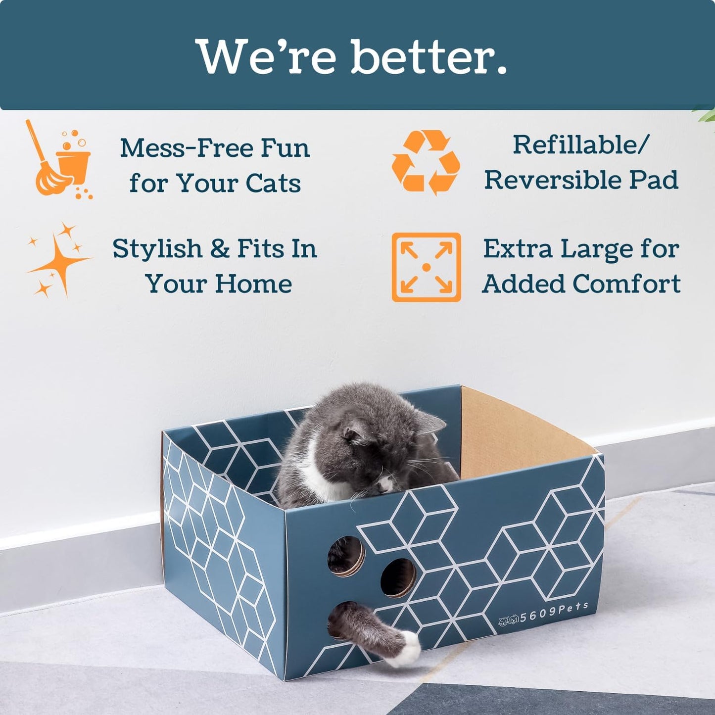 Heavy Duty Cardboard Cat Scratch Box with 3 Refillable Double-Sided Cat Scratcher Pads for Indoor Cats