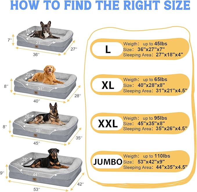 Washable Orthopedic Large Dog Bed - Extra Large Dog Beds with Bolsters Removable Orthopedic Foam Support Dogs Bed Waterproof Cover Non-Slip Bottom Pet Beds