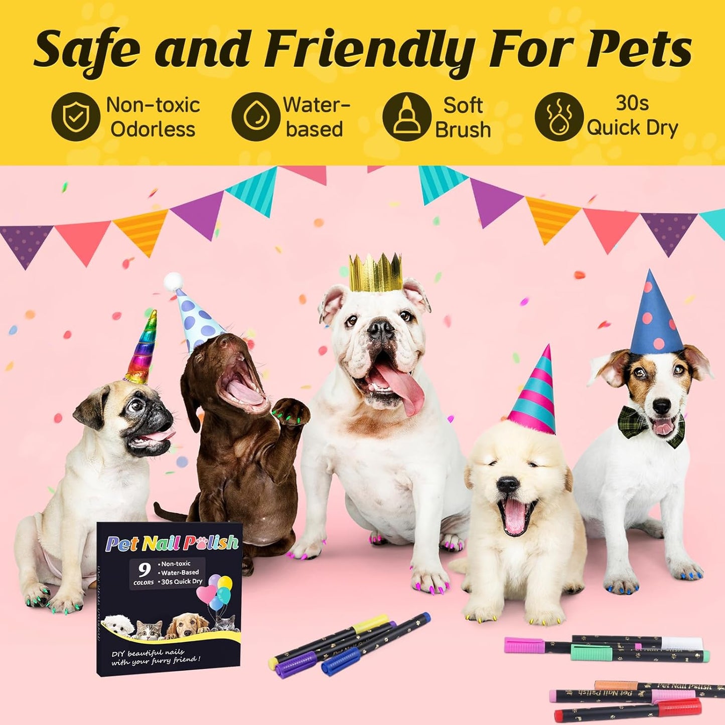 Dog Nail Polish Pens Quick Dry,9 Colors Safe Dog Nail Polish Set to DIY Pretty Nails, Ideal Gifts for Dogs Cats Light Dark Nails, Odorless, Non-Toxic, Water-Based Pet Nail Accessories Set