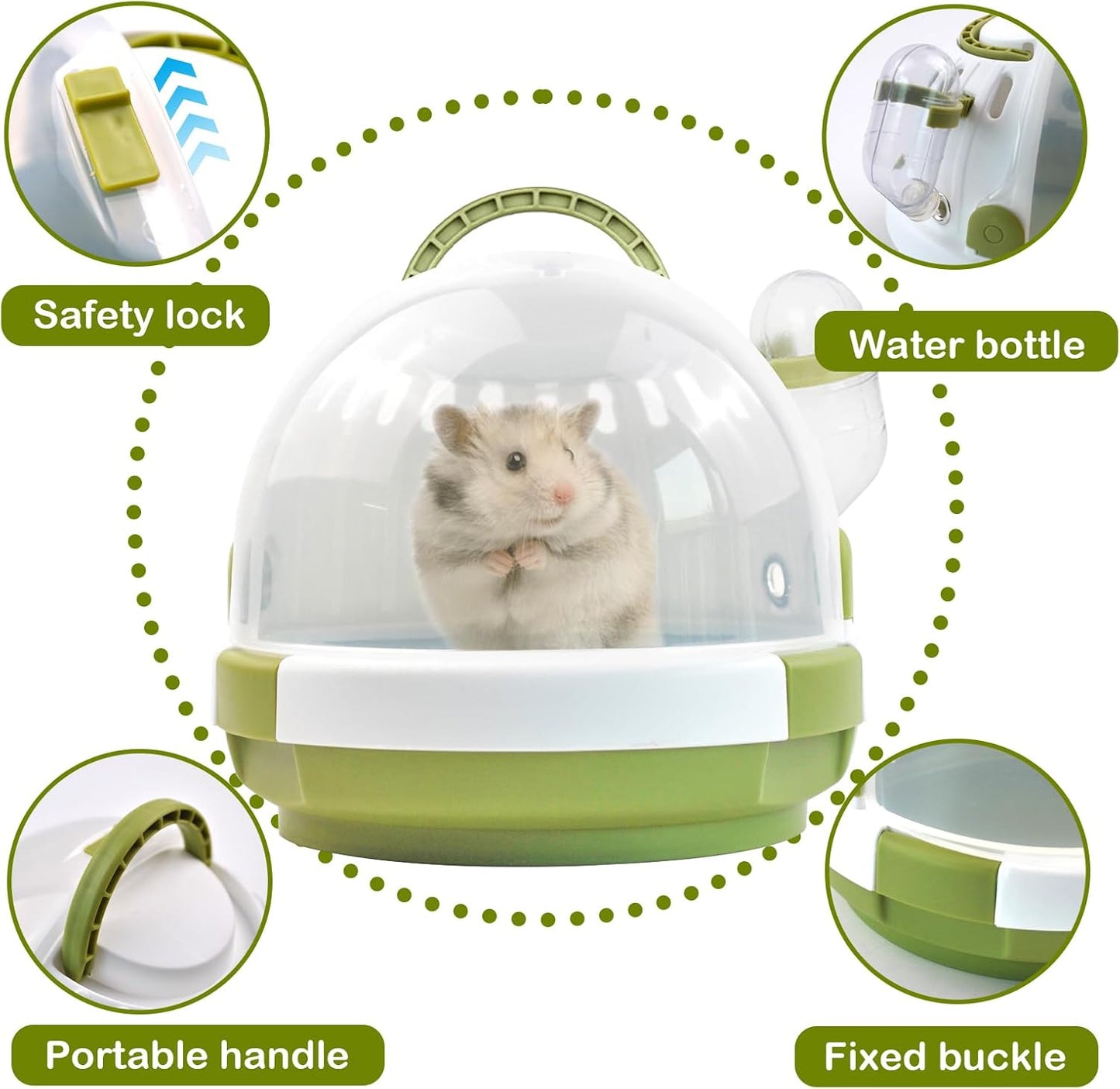 Hamster Carrier Cage with Water Bottle,Portable Dwarf Hamster Travel Carrier Plastic Guinea Pig Carrier Small Animal Breathable Outdoor Cage for Hamsters Chinchillas Hedgehog (Green)